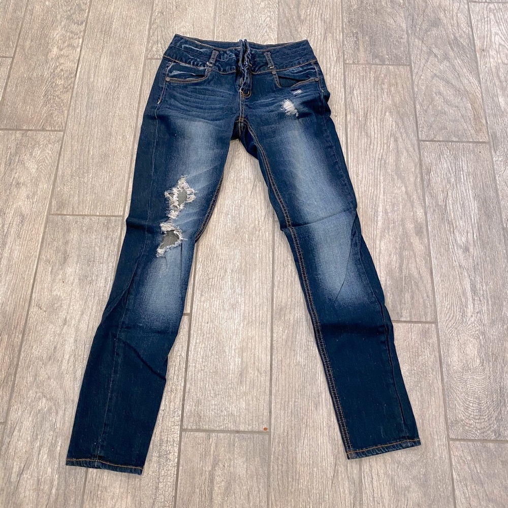 Distressed Dark-Wash Jeans